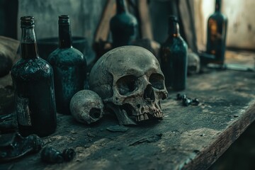 Weathered skull and bottles create eerie atmosphere on rustic wooden table