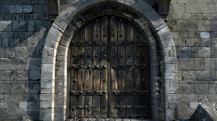 Medieval wooden door reinforced with iron studs, set in a stone archway