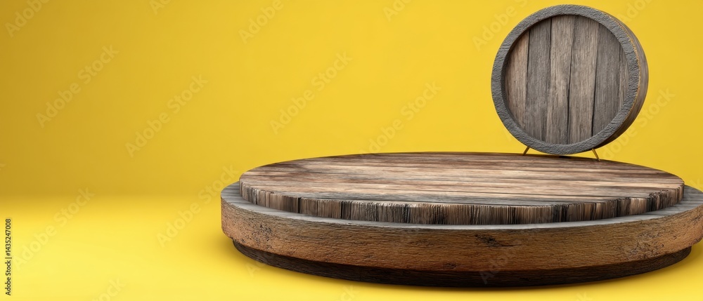 Poster rustic wood stage with barrel lid on yellow backdrop ideal for product showcase and display with nat