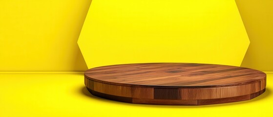 Wooden Round Podium Stage on Bright Yellow Background for Product Display Modern Minimalist Style Studio Shot Geometric Backdrop Perfect for Mockups and Presentations