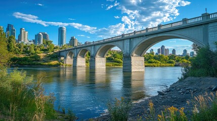 Fototapeta premium Arched bridge over calm river with city skyline backdrop