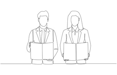 Continuous one line drawing of two CEOs from two companies standing to show joint venture agreement, joint investment concept, single line art