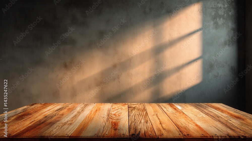Poster rustic wooden table against a textured wall with sunlight creating a warm inviting atmosphere perfec