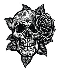 Fototapeta premium Intricate Skull and Rose Tattoo Vector Artwork.