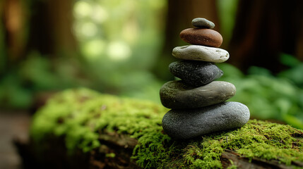 stack of smooth balancing stones on mossy log in forest, calm zen scene, earthy tones and shallow depth of field,