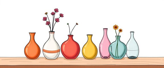 Hand-drawn illustration set of cute, diversely shaped vases; perfect for table decor Ample empty space, illustration, design