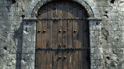 Ancient wooden door with metal reinforcements in a stone archway