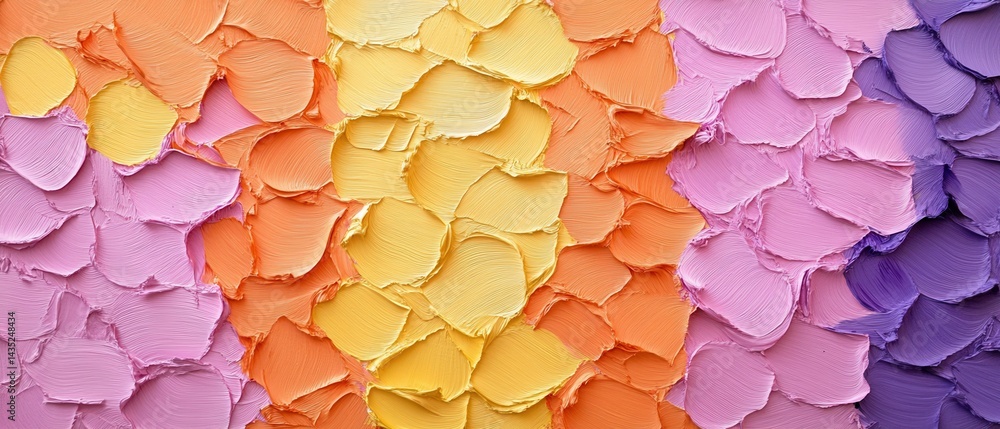 Poster vivid impasto strokes in a gradient of yellow orange pink and purple creating a textured abstract ba