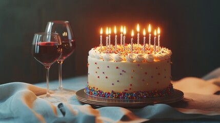 A beautifully decorated birthday cake with lit candles, sprinkles, and glasses of wine, set in an elegant and intimate setting awaiting a celebration.