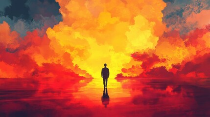 Obraz premium A man walks from far away on the Drama sky and cloud sunbeam of sunset. AI generative