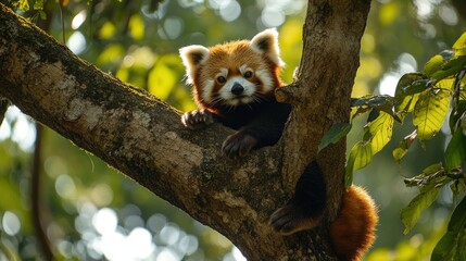 Red panda peeks from a sundappled tree fluffy fur aglow