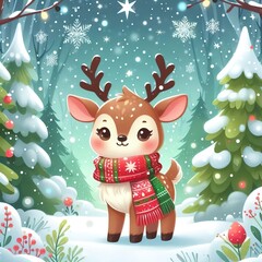Reindeer with christmas tree and scarf environment digital illustration winter