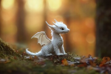 Adorable white baby dragon in enchanting autumn forest scene