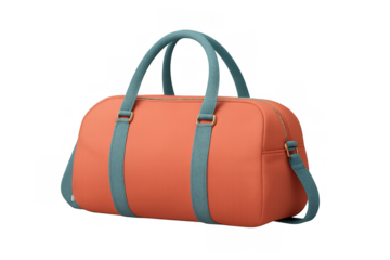 Coral and Teal Weekender Bag: A stylish weekender bag in a vibrant coral hue with teal accents, perfect for a weekend getaway or short trip. Its compact size makes it ideal for carrying essentials.