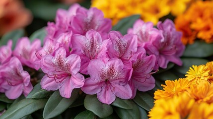 Rhododendron Revelry Pink blooms amidst vibrant floral symphony