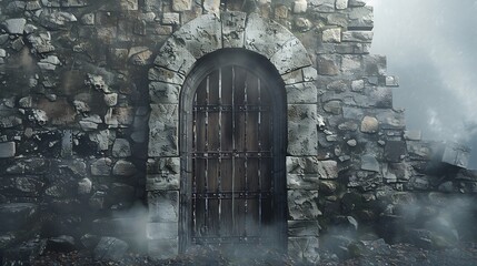 Mysterious arched wooden door set in an ancient stone wall with fog.
