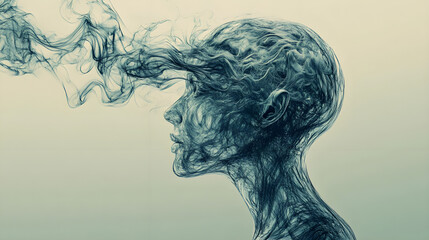 Abstract Surreal Human Head Formed by Intricate Swirling Lines Symbolizing Thoughts Complexity and Deep Thinking