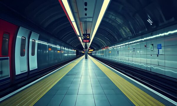 Subway station with a train, tiled floor and curved ceiling, illuminated by fluorescent lights overhead in a dark, moody tone