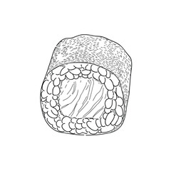 A black-and-white line art illustration of a single slice of maki sushi roll. The drawing features a seaweed-wrapped outer layer, a ring of rice, and a center filled with textured fish likely salmon © wizzmo