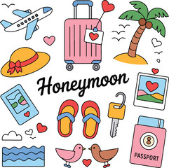 Vacation themed doodle clipart suitcase, airplane, beach hat, ocean waves, polaroid, passport, palm tree
