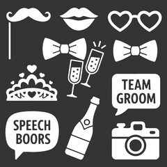 Wedding party photo props doodle mustache, lips, heart glasses, bow tie, crown, champagne, camera  © rs_studios