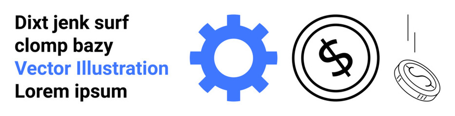 Blue gear icon, dollar coin with lines indicating movement, and placeholder text. Ideal for finance, technology, innovation, economy, teamwork productivity and process optimization. Abstract line