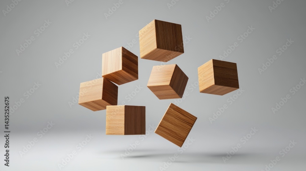 Poster Light-brown wooden cubes scattered in a dynamic, abstract arrangement against a plain background