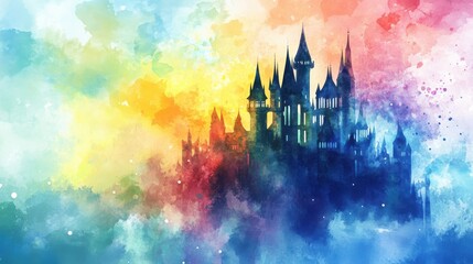 Fototapeta premium Colorful watercolor painting of a fantasy castle with rainbow hues