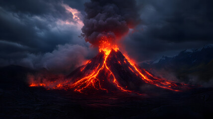 A dramatic volcanic eruption with red lava fountains shooting high into the air, surrounded by smoke and glowing ash clouds.