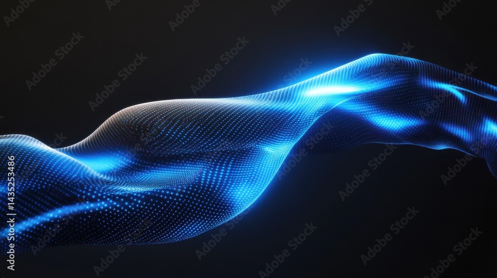 Poster glowing blue digital waves moving across a dark and white background representing the dynamic flow o