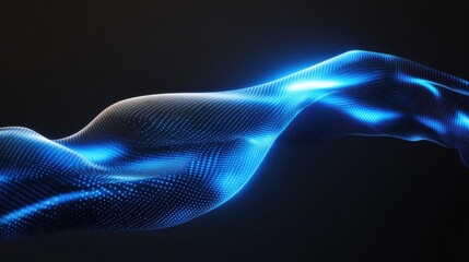 Glowing blue digital waves moving across a dark and white background representing the dynamic flow of futuristic technology and data