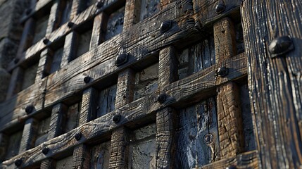 Rustic wooden grid with weathered beams and metal bolts.