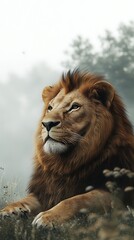 Obraz premium A regal lion lying majestically in tall grass. Forest trees fade into a misty, blurred background