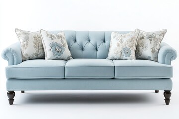 Naklejka premium Light blue sofa with pillows displayed on white background