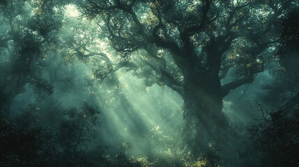 Obraz premium Sunbeams pierce mystical forest