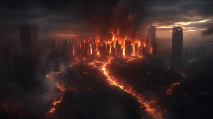 Obraz premium A fiery eruption sends rivers of lava into a deserted city, burning through buildings and leaving a trail of destruction behind.