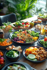 beautifully arranged vegan family dinner table showcasing variety of colorful plant-based dishes.