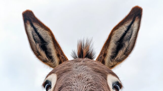 Close-up photo of a donkey head taken from below, donkey, head, animal, close-up, mammal, portrait, farm, brown, ears, eyes