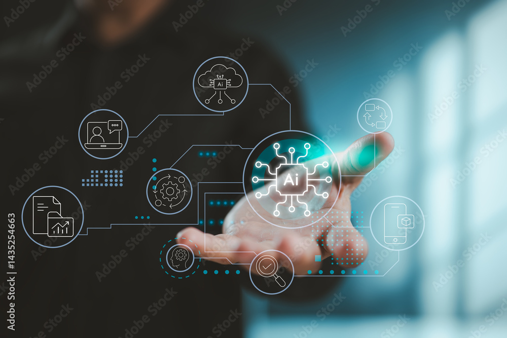 Aufkleber A visual concept showing AI integration with digital data, automation, and cloud-based systems.