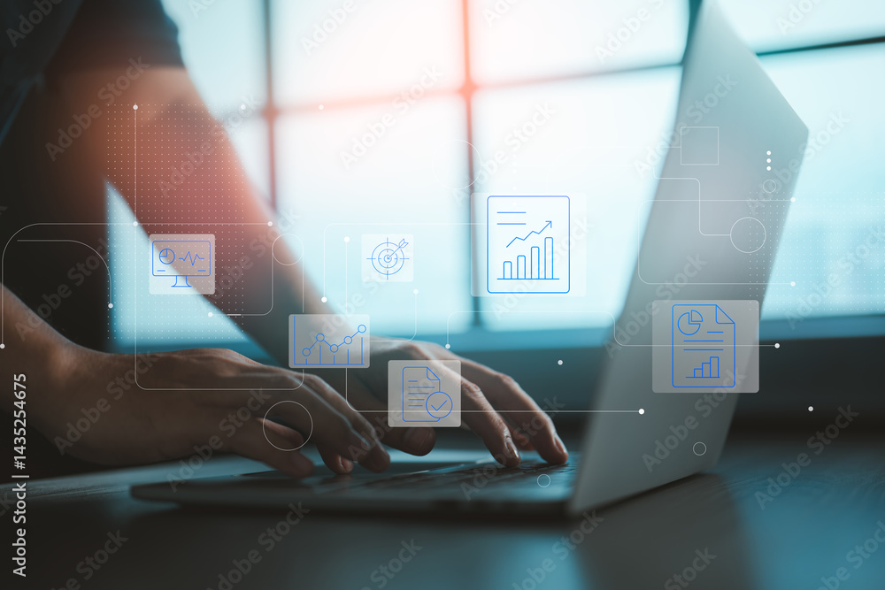 Poster Modern business operations integrating data visualization and performance tracking through digital tools.