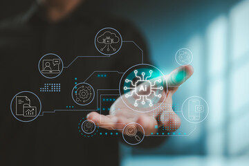 A visual concept showing AI integration with digital data, automation, and cloud-based systems.