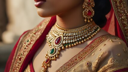 Close-up of traditional Indian wedding jewelry displayed elegantly on a model, including gold and ruby-encrusted ornaments, highlighting intricate craftsmanship,Generative Ai