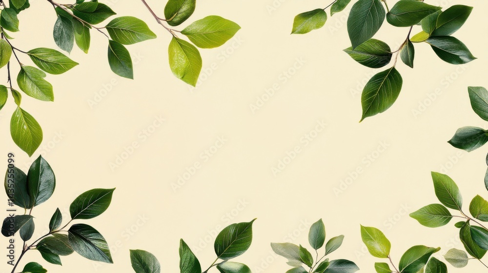Poster green leaves border: a simple yet elegant design featuring a border of lush green leaves on a neutra