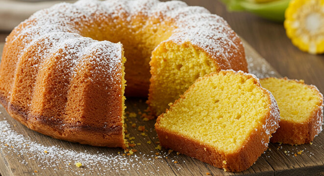 Bolo de milho tradicional brasileiro em mesa r&uacute;stica