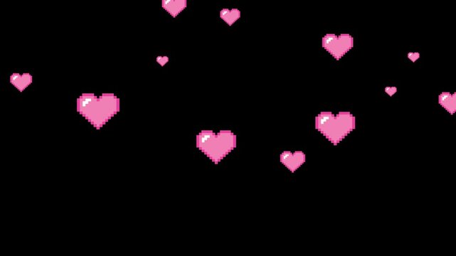 pink pixel art heart particles animation on transparent background with alpha channel