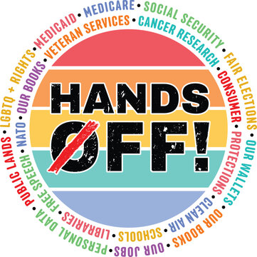 Hands Off Protest vector features bold typography and colorful activism themes. Perfect for Illustrator users seeking protest art designs.