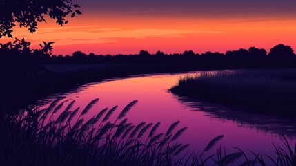 Naklejka premium Serene Sunset River Scene