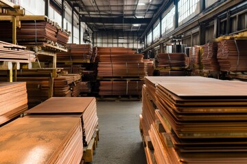 Copper sheets stacked in industrial warehouse with natural light