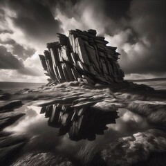 isolated outcrop in a windswept field