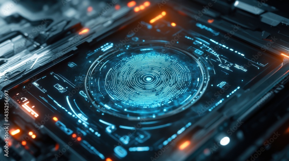 Poster close up of biometric scanner analyzing fingerprint with intricate details and glowing elements, sho
